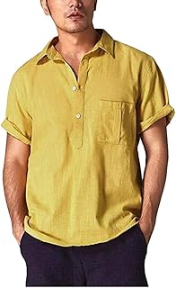 Uomo Cotone e Lino Manica Corta Maglietta Tinta Unita Slim Fit Cotone T-Shirt Uomo Estivo Grandad Collar Spiaggia Camicie Shirts