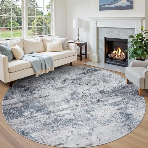 Round Rug 8ft Circle Rug Washable: Carpet Circular Area Rug for Entryway Kitchen Bedroom Dining Room Living Room Large 8 Feet Abstract College Dorm Non Slip Low Pile Blue Grey