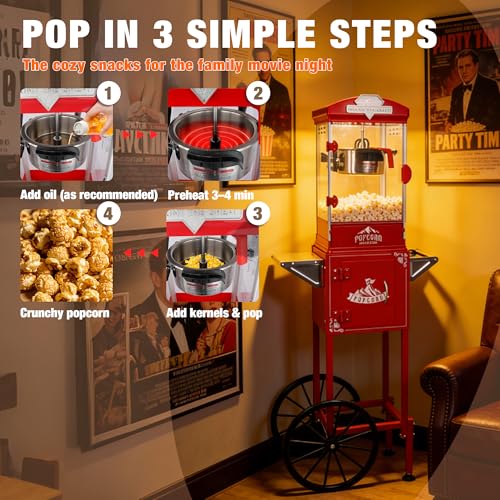 Image of 10oz Popcorn Machine with Cart - Vintage Movie Theater Style Maker - Shatterproof Acrylic and Storage Cabinet for Home Parties, Concessions - Red