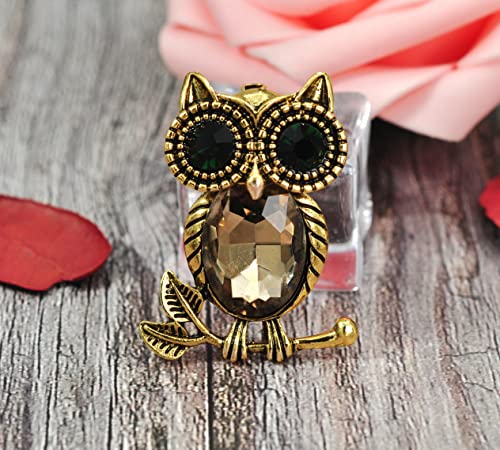 Image of Gyn&Joy Golden Tone Emerald Green Colored Crystal stone Owl Bird Brooch Pin