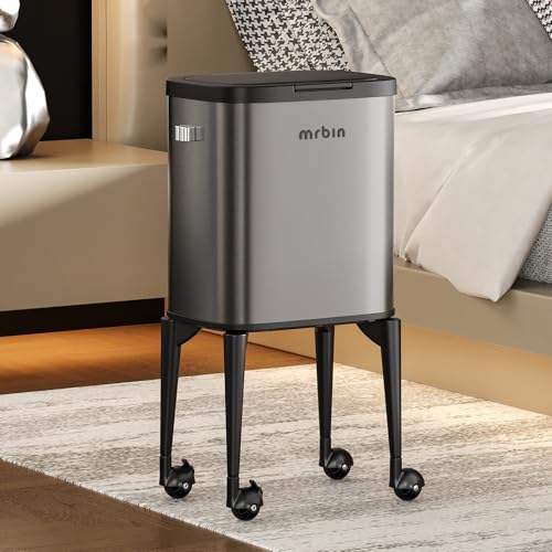 Image of MRBIN Metal Kitchen Trash Can with Wheel Legs, 23L / 6.1gal Medium Press Lid Slim Removable Waste Basket, Pet Proof Tall Narrow Garbage Pail for Vanity, Bedroom, Bathroom, Living Room, Eclipse Grey