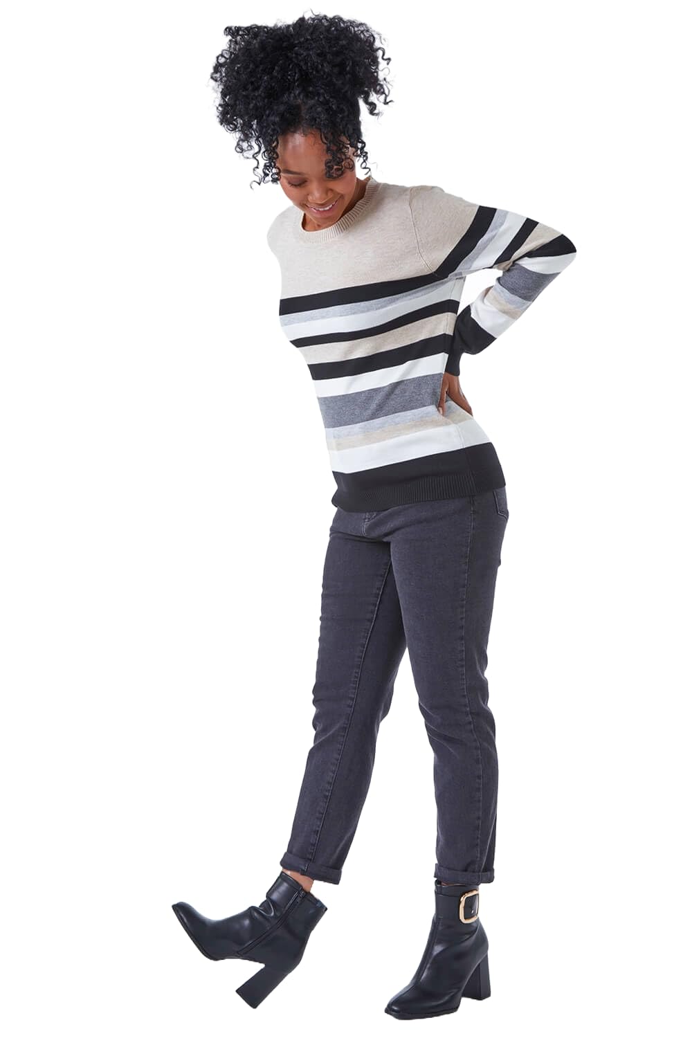 Roman Originals Women Stripe Print Jumper - Ladies Spring Everyday Summer Holiday Crew Neckline Comfy Long Sleeve Soft Star Pull Over Hem Sweaters - Stone - Size 12