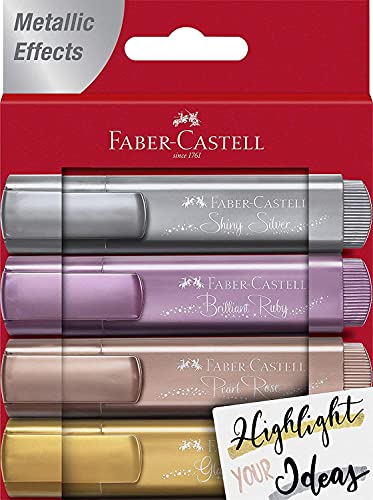 FABER-CASTELL 154640 - Set de surligneurs TL 46, Etui de 4, couleurs métalliques, avec pointe biseautée longue durée, largeur de trait 1 - 5 mm