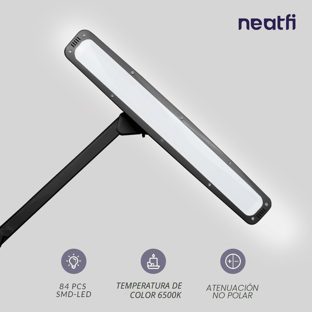Neatfi Elite HD XL Lámpara de Escritorio – 1,600 Lúmenes, Cabezal Ancho de 58 CM, Luz de Día 6500K | Regulación Continua, Ajustable | Oficina, Estudio y Espacio de Trabajo en Casa (Negro)