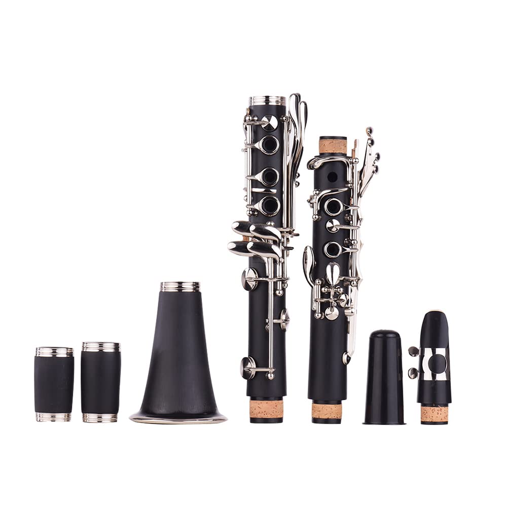 Clarinete ABS de 17 Teclas en si Bemol con Estuche de Transporte Guantes Paño de Limpieza Mini Destornillador Estuche para cañas 10 Piezas Cañas Instrumento de Viento de Madera