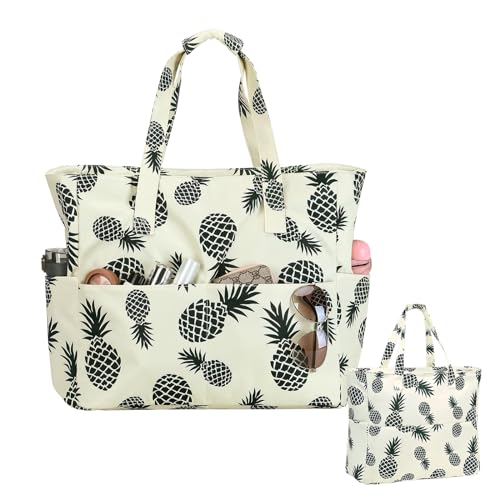 Borsa Spiaggia XXL Grande, Borsa mare donna Pieghevole Con cerniera, Borsa da Spiaggia in Tela Grande Adatto per spiaggia, nuoto, turismo e altre attività, Interessanti modelli di ananas