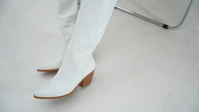 Aizhenzm Women's Cowgirl Boots - Wide Calf, Embroidered, Pointed Toe, Chunky Heel, Side Zipper