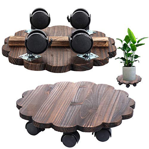 Ovida 2 Pack 12'' Lockable Plant Caddy Wood Patio Potted Plant Stand Round Plant Roller with 360Â° Rotating Wheels for Indoor Outdoor Moving Heavy Flower Plant Pots