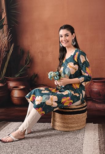 Image of Ichaa Women's Pure Cotton A-Line Ethnic V-Neck Kurta with 3 /4th Sleeve for Daily and Office Wear, in Plus Sizes