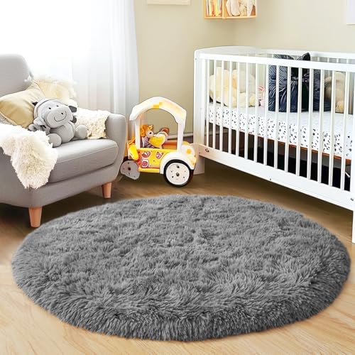 3'x3' Grey Round Rug for Bedroom, Ultra Soft Fluffy Circle Rug for Kids Girls Boys Room, Cute Small Shag Rugs for Living Room Playroom Teen Room Home Decor Rug