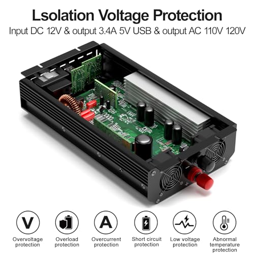 3000W Power Inverter,12V DC to AC 110V120V Peak Power 6000W with 2AC Outlets and 2.4USB Port,LCD Display Car Inverter for Outdoor Activities,Emergency