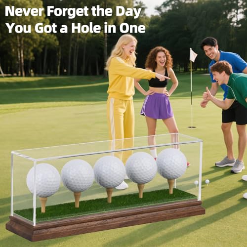 Image of Golf Ball Display Case for 5 Golf Balls Holder Display Walnut Wood Base Acrylic Hole in One Golf Ball Case Display Uv Protection Golfball Stand Rack,Golf Office Decor Gifts for Men