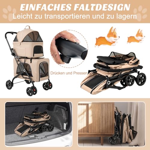 COSTWAY 3 in 1 Hundewagen, Hundebuggy 2 Etagen mit Netzfenstern & Taschen & Polstern, Oxford & Metall, Haustiere Buggy bis 16 kg, Hundebox Transporttasche klappbar, für Hunde Katzen Haustiere (Beige)