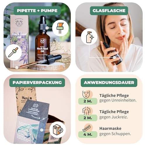 BIONOBLE Schwarzkümmelöl Bio Kaltgepresst - 100% Natürlich, Ohne Hexan - Mildert Unreinheiten - Schwarzkümmelöl Gesicht, Haare, Haut - Vegan Black Seed Oil - Glasflasche, Pipette, Pumpe - 50ml