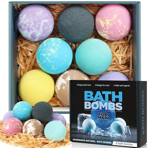 Bath Bombs for Men, 8 Pack Organic Bath Bombs Set with Natural Essential Oils, Relaxing Gifts for Men & Women, Father's Day Birthday Easter Gift for Husband Boyfriend