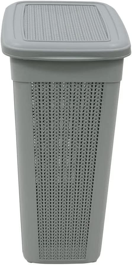 Grey 43L Litre Slim Laundry Basket With Lid Knit Design Rectangular Plastic Bin Storage Basket For Home and Kitchen