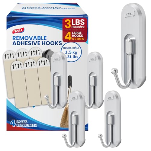 Image of TAILI Adhesive Large Hooks for Hanging, 4 Coat Hooks & 6 Strips, Silver