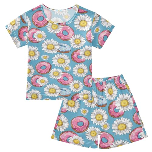 ALAZA Daisy Flowers Donuts Pajama Set Short Sleeve Sleepwear Soft Lounge Nightwear