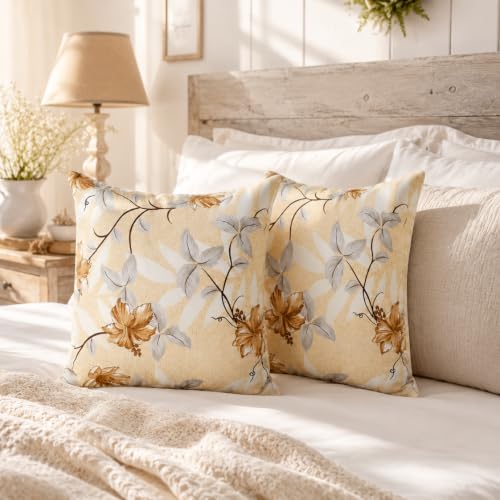Image of Clasiko 16x16 Cushion Covers - Set of 5 Soft Cotton-Feel Decorative Pillow Covers | Golden Blossom, Flap Closure, Perfect for Sofa & Living Room