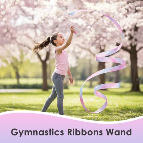 Image of YGEOMER 2Pcs Dance Ribbons for Kids, Sparkling Pink & Blue Gymnastics Ribbon Wands, Ballet Party Favors for Girls, Birthday Performance Props