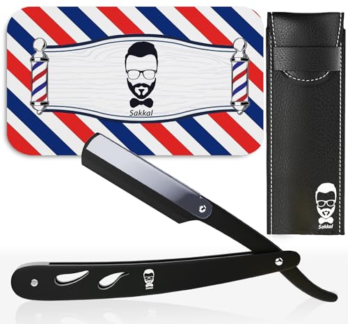 Sakkal Cut Throat Razor for Men Matte Black Straight Razor Professional Single Blade Barber Razor for Beard & Moustache Grooming Stainless Steel Gift Pouch Included