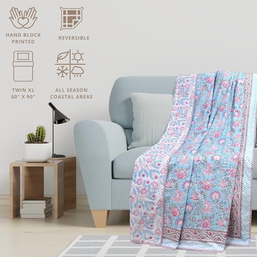 Image of TOAIArt Premium Jaipuri Dohar | AC Blanket Summer Quilt | Hand Block Printed | 3 Layers | Reversible | 150GSM 100% Mulmul Cotton | 100% Cotton Flannel Filling | Single 60 inch X 90 inch |Pink Florals on Blue