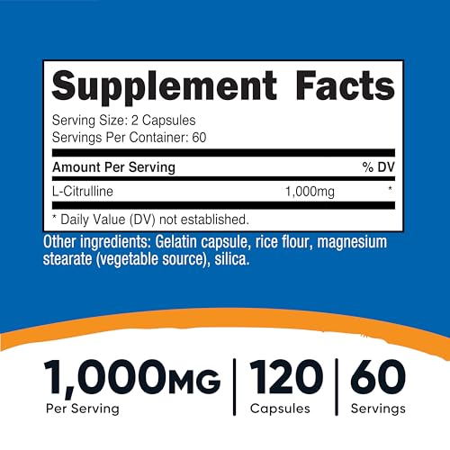 Image of Nutricost L-Citrulline 500mg, 120 Capsules - Gluten Free, Non-GMO, 1000mg Per Serving (60 Serv) (Pack of 3)