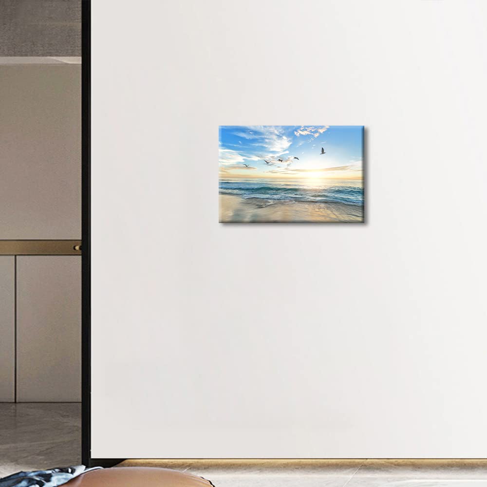 Framed Wall Art Canvas Ocean Decor Beach Bedroom Sunset Ocean Seagulls for Interior Bathroom Wall Décor Scenery Bed Dining Room Decorative 8x12inch (20x30cm), Seaside-02 — view 2