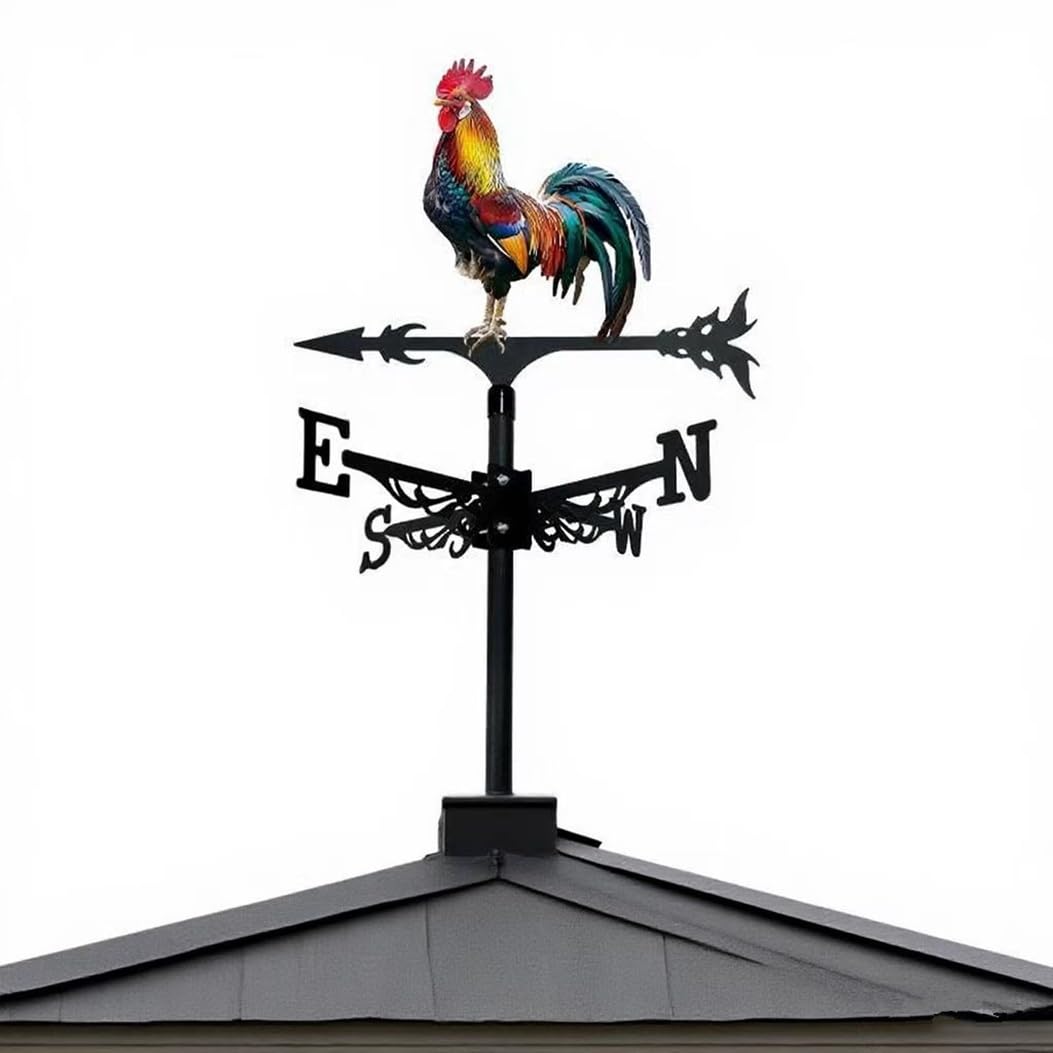 Wetterfahne aus Metall, Hahn, Hof, Scheune, Ornament, buntes Dach, lebendiger Hahn, Windrichtungsanzeiger, Garten-Kunstdekor für den Außenbereich (CKB)