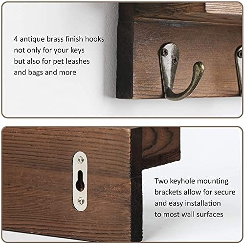 BESTOOL Mini Key Rack, Wooden Key Holder, Key Rack/Key Organiser/Hook Rack with Shelf, Wall Organiser with 4 Metal Hooks (Brown)