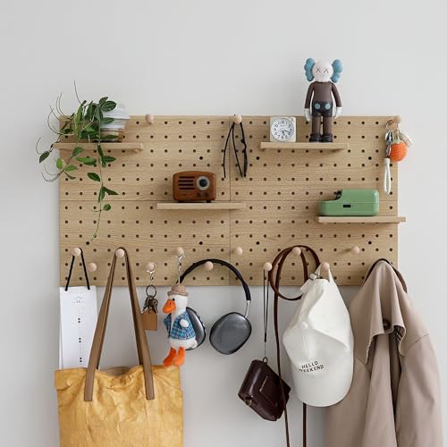 Image of Wooden Pegboard Modular Display Organization Storage Wall Hooks Shelf (Oak Colored Finish-B-4)