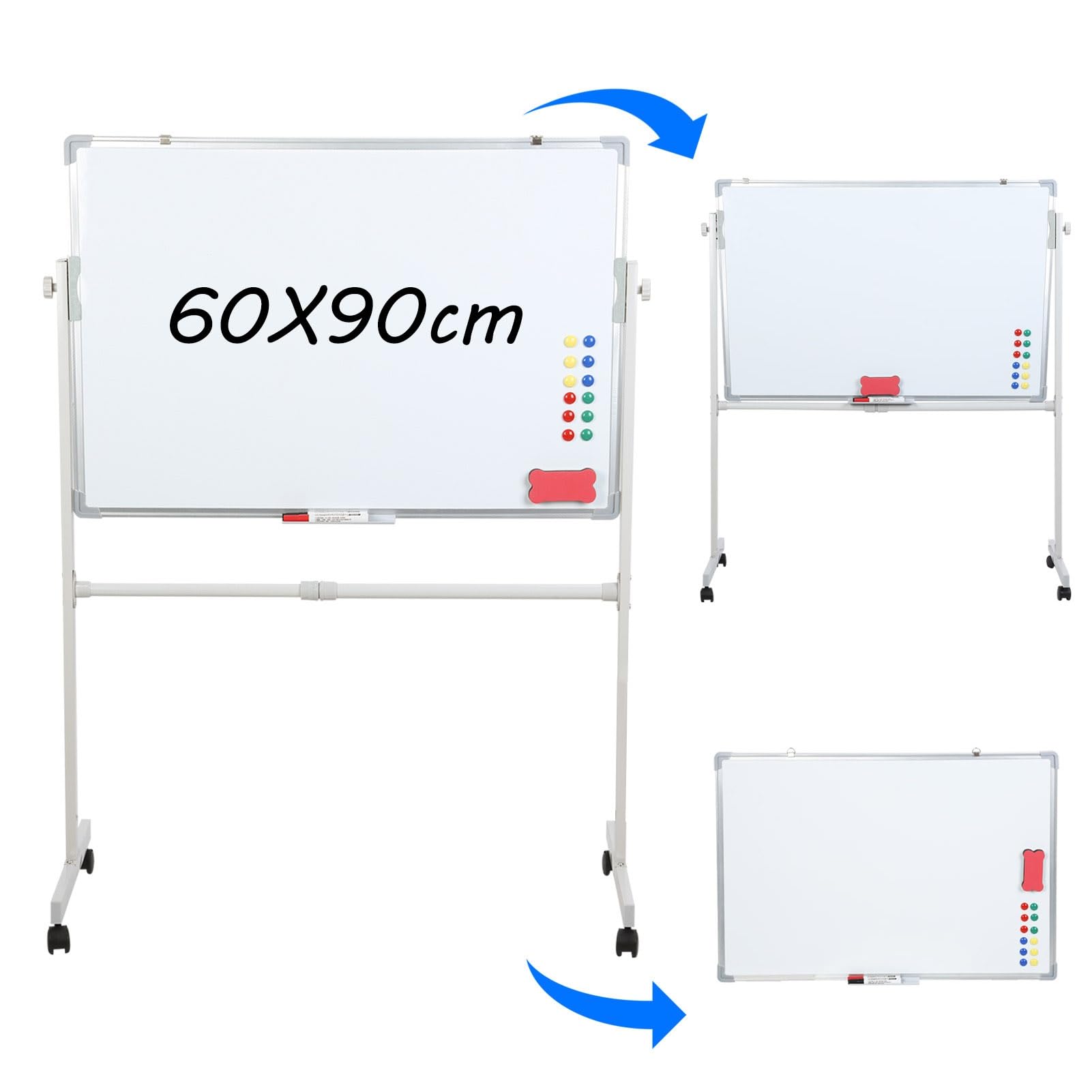 Pizarra blanca con ruedas con ruedas, pizarra magnética móvil con soporte, altura y ángulo ajustables, 5 rotuladores, 12 imanes, borrador para oficina, aula, 60 x 90 cm