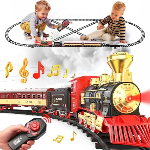 Hot Bee Christmas Train Set for Kids Ages 4-8,with Remote Control,Steam Locomotive,Lights,Sounds,and Spray,Christmas Train Sets for Around The Tree,Perfect Train Toy for Boys