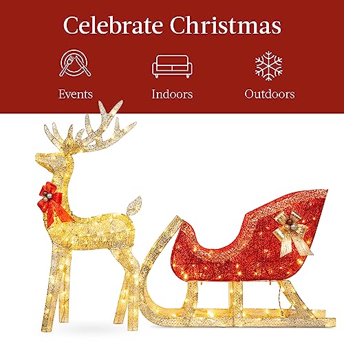 Best Choice Products Lighted Christmas 4ft Reindeer & Sleigh Outdoor Yard Decoration Set w/ 205 LED Lights, Stakes, Zip Ties - Gold