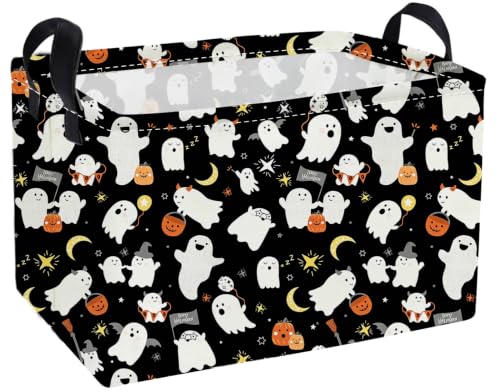 Image of Essme Rectangular Halloween Baskets,Ghost Storage Box,Cute Basket for Kids with Handles for Room Decor, Book Bins,Shelf Basket.(Ghost)