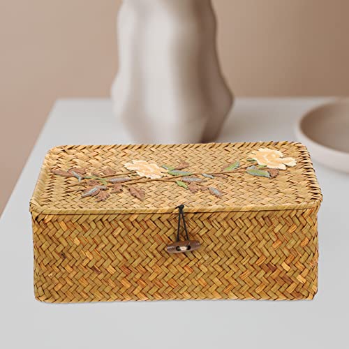 Wicker Storage Basket Seagrass Baskets With Lid Woven Wicker Shelf Storage Bins Jewelry Keepsake Gift Box Natural Woven Makeup Organizer For Toilet Paper Storage Organizer #TOP6