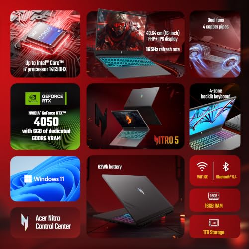 Image of Acer Nitro 5, Intel Core i7-14650HX, Office 2024 + M365 Basic, NVIDIA GeF RTX 4050-6GB, 16GB RAM /1TB SSD, (16 inch) WUXGA IPS, 165Hz /62Whr, Win 11H, Herald Grey, 2.5Kg, AN516-74G1, RGB KB, Gaming Laptop