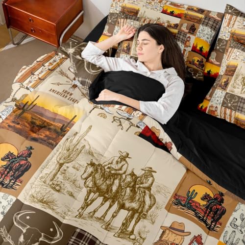 Image of Horse Decor Western Twin Comforter Set with Sheets Bull Longhorn Skull 7 Piece Bedding Set Cowboys Gifts,Geometric Aztec Bed in a Bag, Cow Skull Bed Sets,Rustic Patchwork Buffalo Plaid Farmhouse Decor
