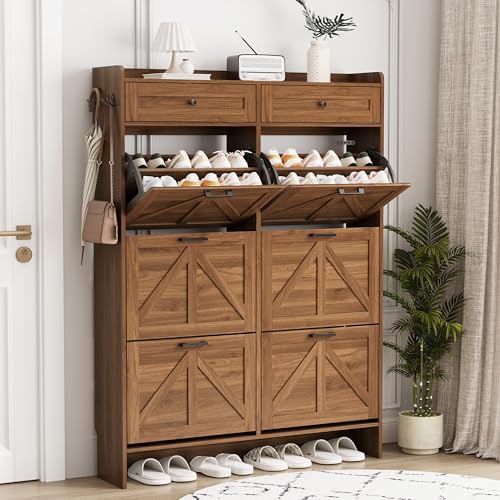 Image of Shoe Cabinet with 6 Flip Drawers & 2 Top Drawers, 57 inch Tall Freestanding Narrow Wooden Shoe Storage Organizer for Entryway, Hidden Slim Shoe Rack for Front Door Entrance, Hallway, Living Room, Walnut