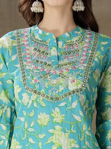 Image of Stylum Women's Printed & Embroidered Cotton Short A-Line Kurti Pant Set