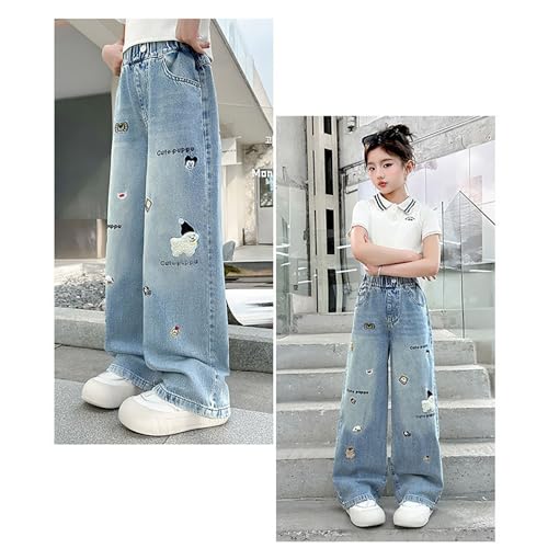 Kids Girls Jeans Baggy Wide Leg Denim Pants Cute Embroidered Elastic Straight Trousers Trendy Preppy Y2k Streetwear3
