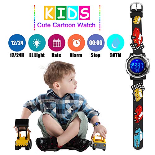 Kids Watch 3D Cartoon Toddler Wrist Digital Watch Waterproof 7 Color Lights with Alarm Stopwatch for 3-10 Year Boys Girls Little Child (Car Black)4