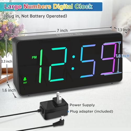 Image of Peakeep Digital Alarm Clock for Bedroom Bedside, RGB Color Changing Display | Colorful LED Big Numbers 6 Brightness, Loud for Heavy Sleepers, Battery Backup Plug in Electric Clock, USB Charger