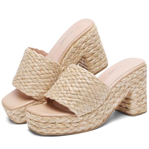 Image of Yavero Espadrille Platform Sandals For Women Raffia Chunky Heels Open Toe Bohemia Sandals for Vacation,Beach