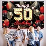 Happy 50th Birthday Backdrop Banner Red Balloon Gold Glitter 50 Years Old Photo Booth Background Premium Vinyl Banner for Indoor/Outdoor Parties, Women Men Adults Celebration 70.8inx45.3in - Image 4