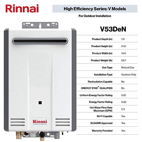 Rinnai V53DeN Natural Gas Tankless Water Heater with Space-Saving Design and Smart Features, Outoor Installation, 5.3 GPM