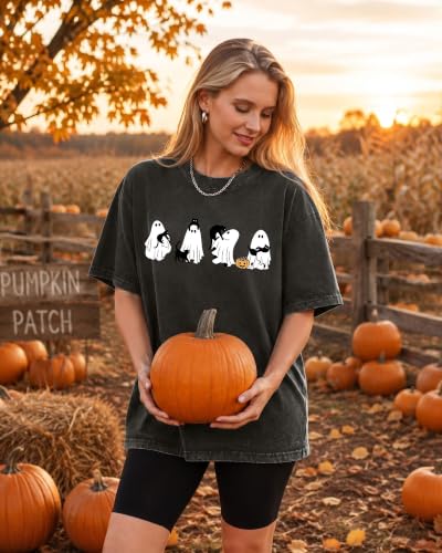 Aiyino Womens Halloween Ghost Cat Vintage Washed Graphic Tee Dark Grey L - image 3