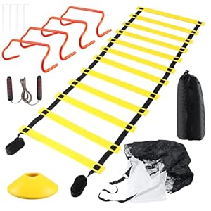 Yaegoo Speed Training Equipment Set, Football Agility Training Ladder, Includes 20ft Agility Ladder, 1 Parachute, 4 Agility Hurdles, 12 Disc Cones, 1 Jump Rope, 4 Stakes and a Storage Bag