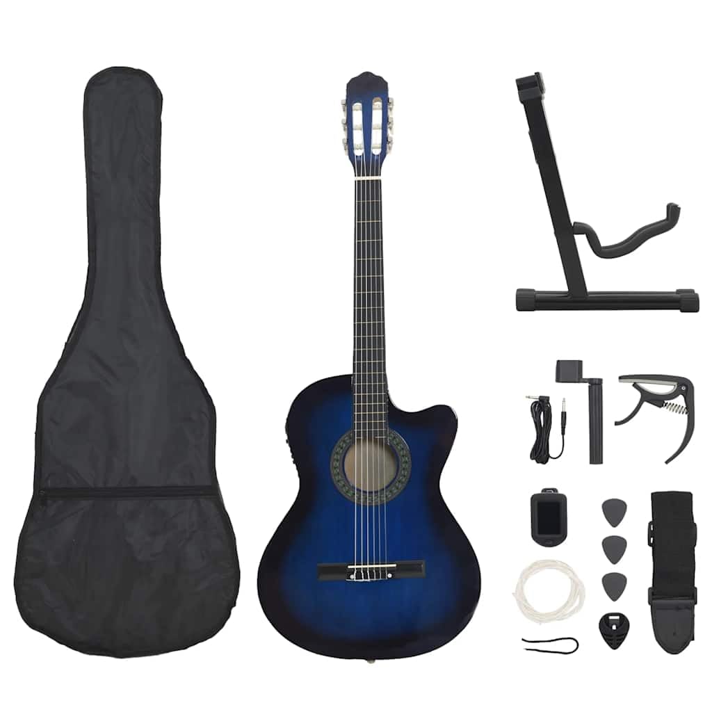 12 tlg Western Gitarren Set blau, Akustikgitarre 4 4 mit 6 Nylon Saiten, 4 Band EQ, Tasche, Ständer, Plektrum, Kapodaster und Stimmgerät für Lernen, Bühne, Studio und Reise