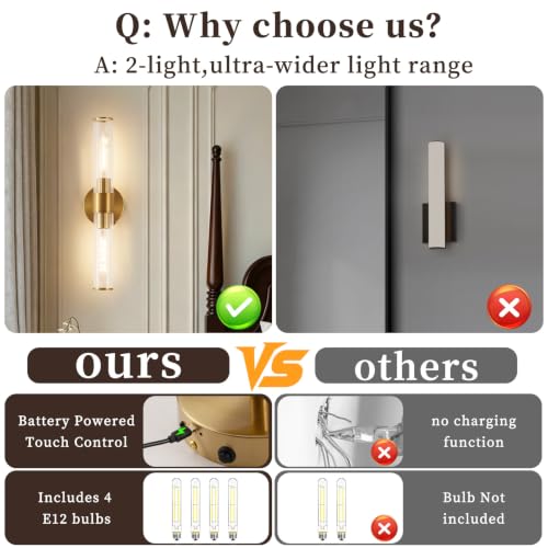 Image of Rechargeable Wall Sconce Set of 2, Battery Operated Wall Sconce, Wireless Wall Lamp with Vertically Striped Glass Tube, Non-Hardwired Wall Sconces, Modern Vanity Light Fixtures for Bedroom, Hallway